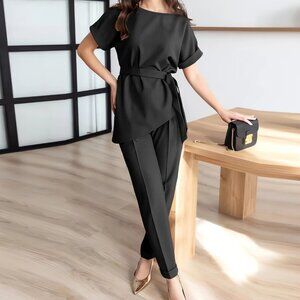 🎨Round neck beveled suit belt top suit fashionable casual long pants suit